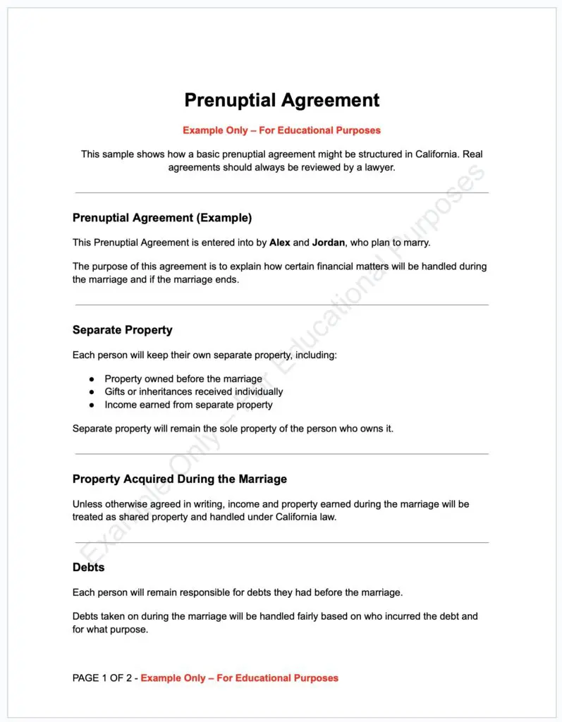 Prenuptial Agreement Example Only For Educational Purposes Page 1 of 2