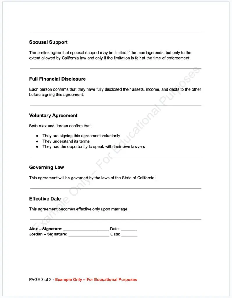 Prenuptial Agreement Example Only For Educational Purposes Page 1 of 2