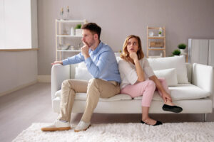 Sad Couple Family Problems And Divorce. Woman Ignoring Man