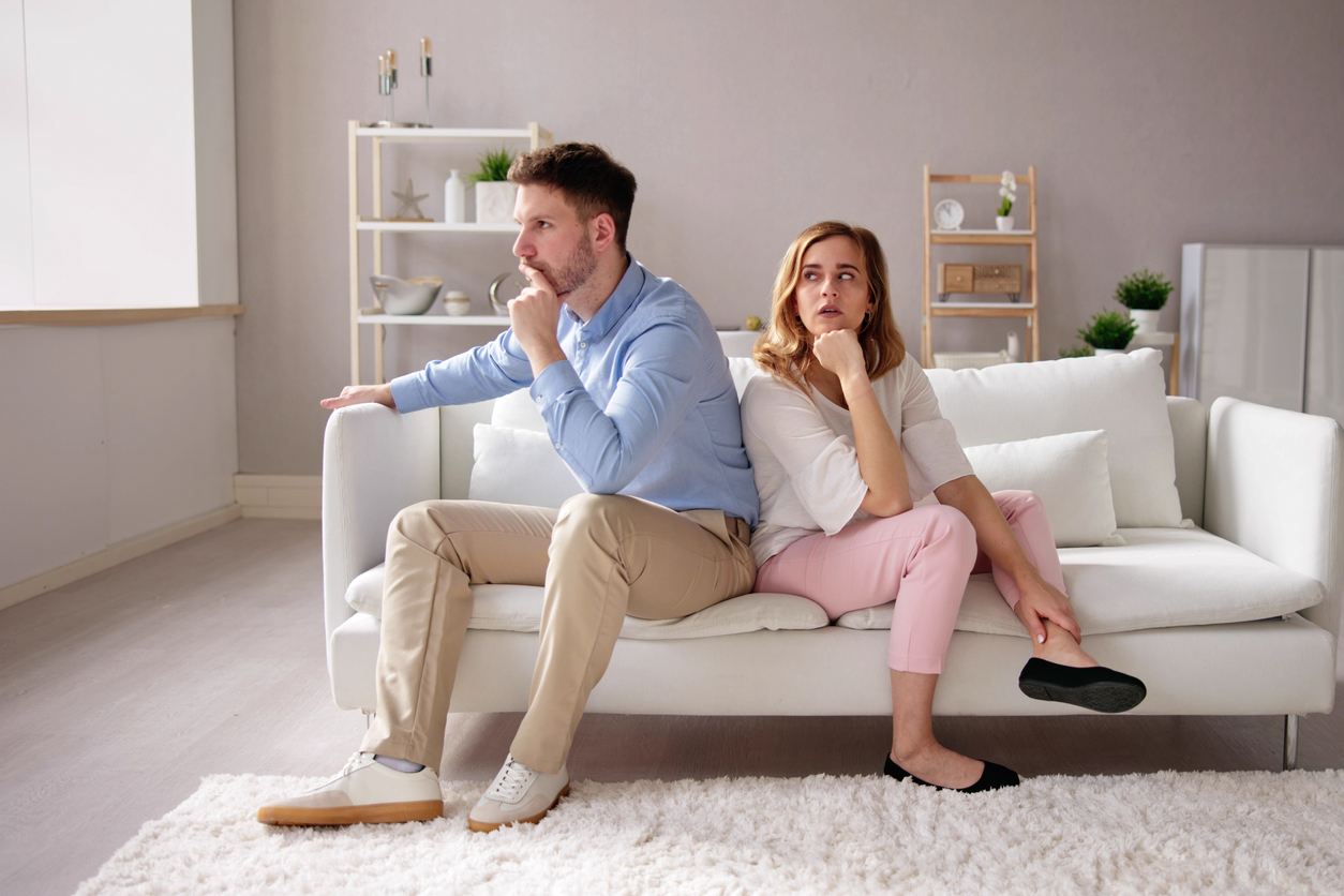 Sad Couple Family Problems And Divorce. Woman Ignoring Man